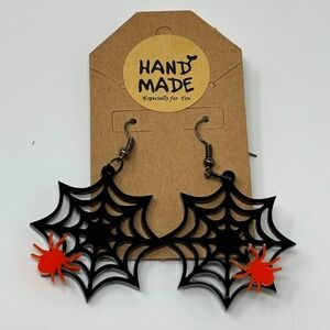 Handmade Dangle Earrings Black Spider Webs with Orange Spiders Acrylic 2.25"